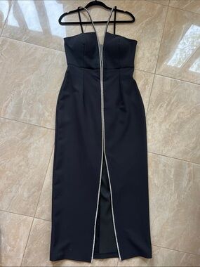 Strapless Black Evening Gown with Silver Trim